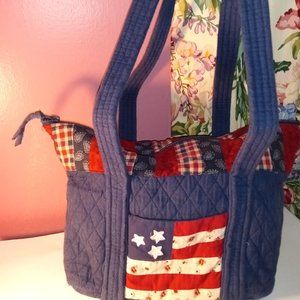 USA RED WHITE AND BLUE QUILTED PATCHWORK 100% COTTON TOTEBAG HANDBAG